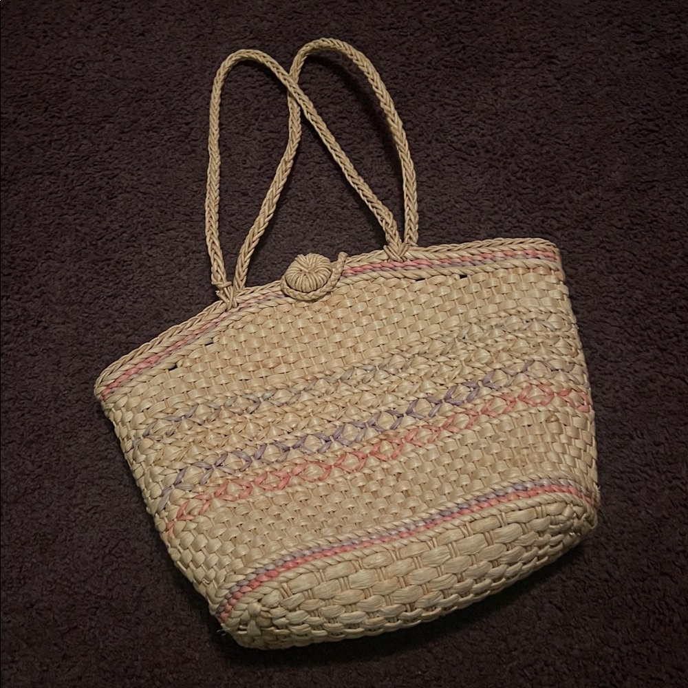 Vintage Woven Straw Tote Bag with Pink and Purple Accents